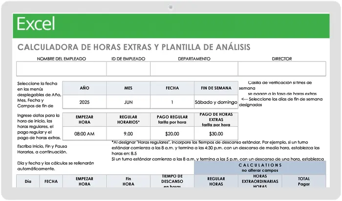 Plantilla calculadora de horas extras y de análisis