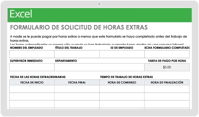 Plantilla de formulario de solicitud de horas extra