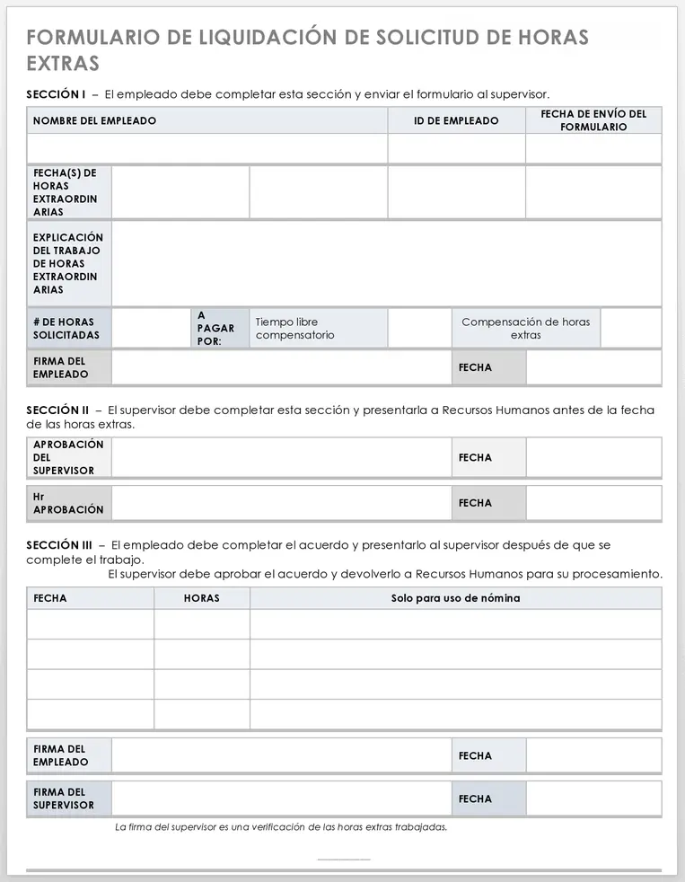 Plantilla de formulario de solicitud de liquidación de horas extras