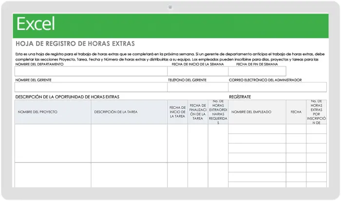 Plantilla de hoja de registro de horas extras