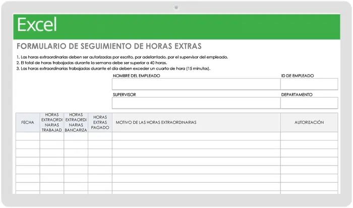 Plantilla de formulario de seguimiento de horas extras