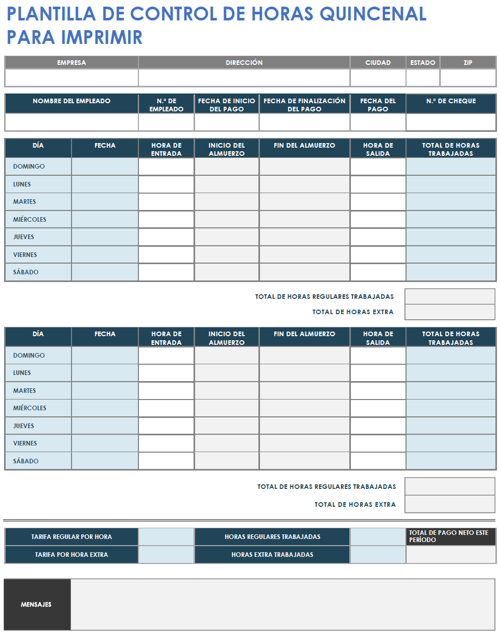  Plantilla de hoja de horas quincenal imprimible