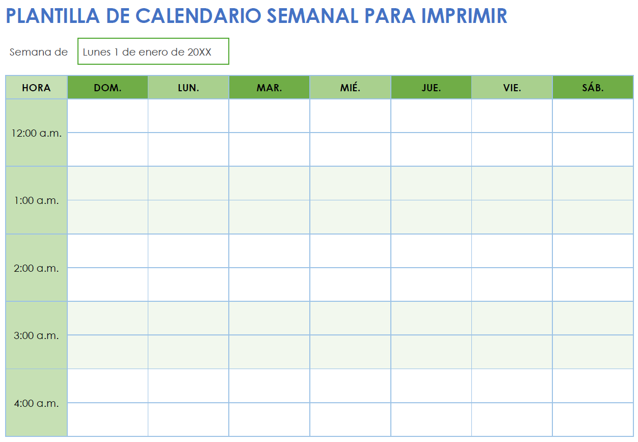 Plantilla de calendario semanal para imprimir (apaisada)