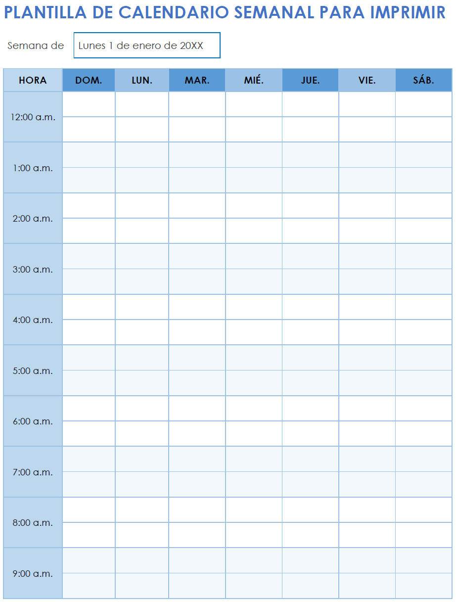 Plantilla de calendario semanal para imprimir (vertical)