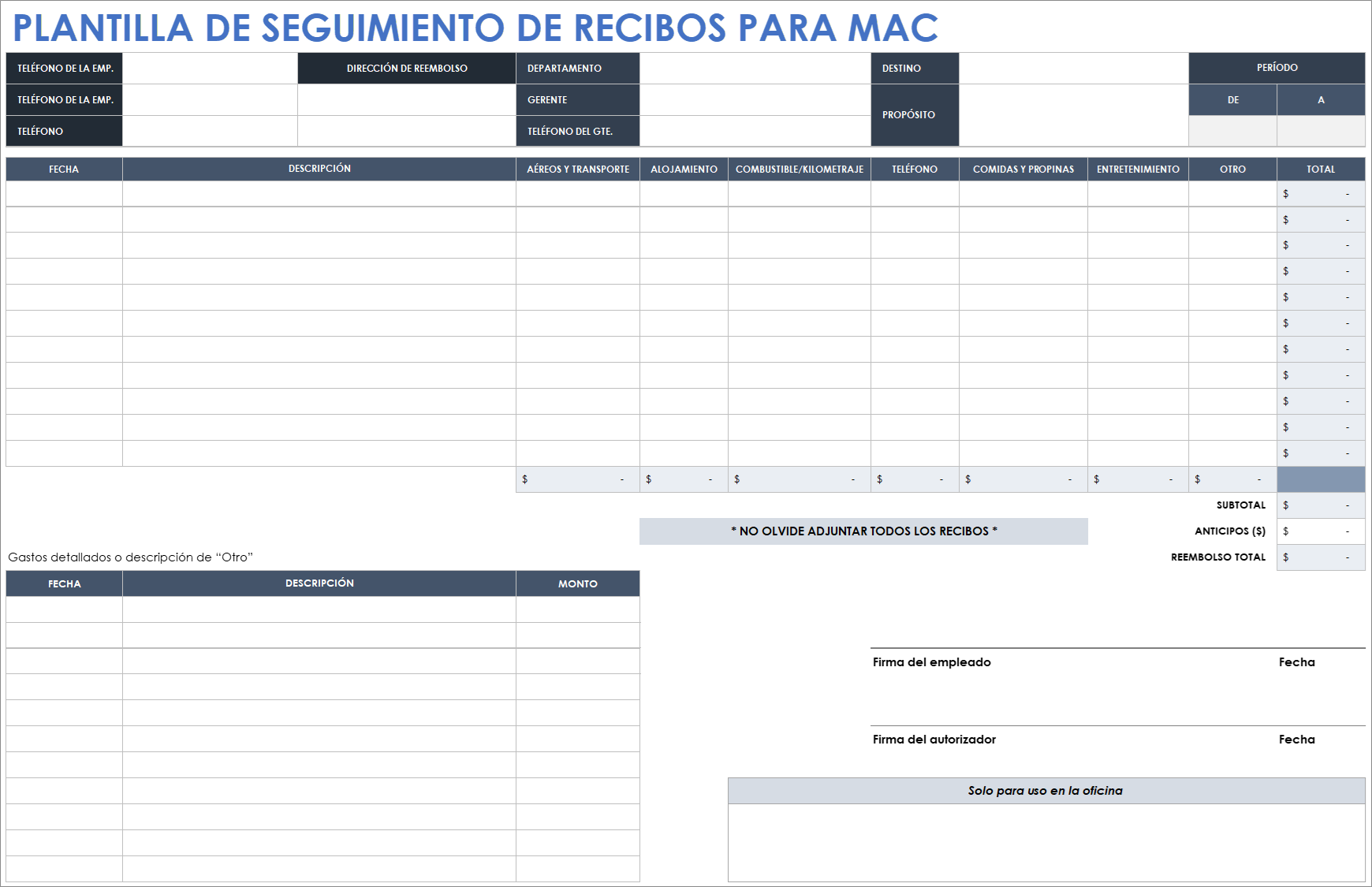 Plantilla de seguimiento de recibos para Mac