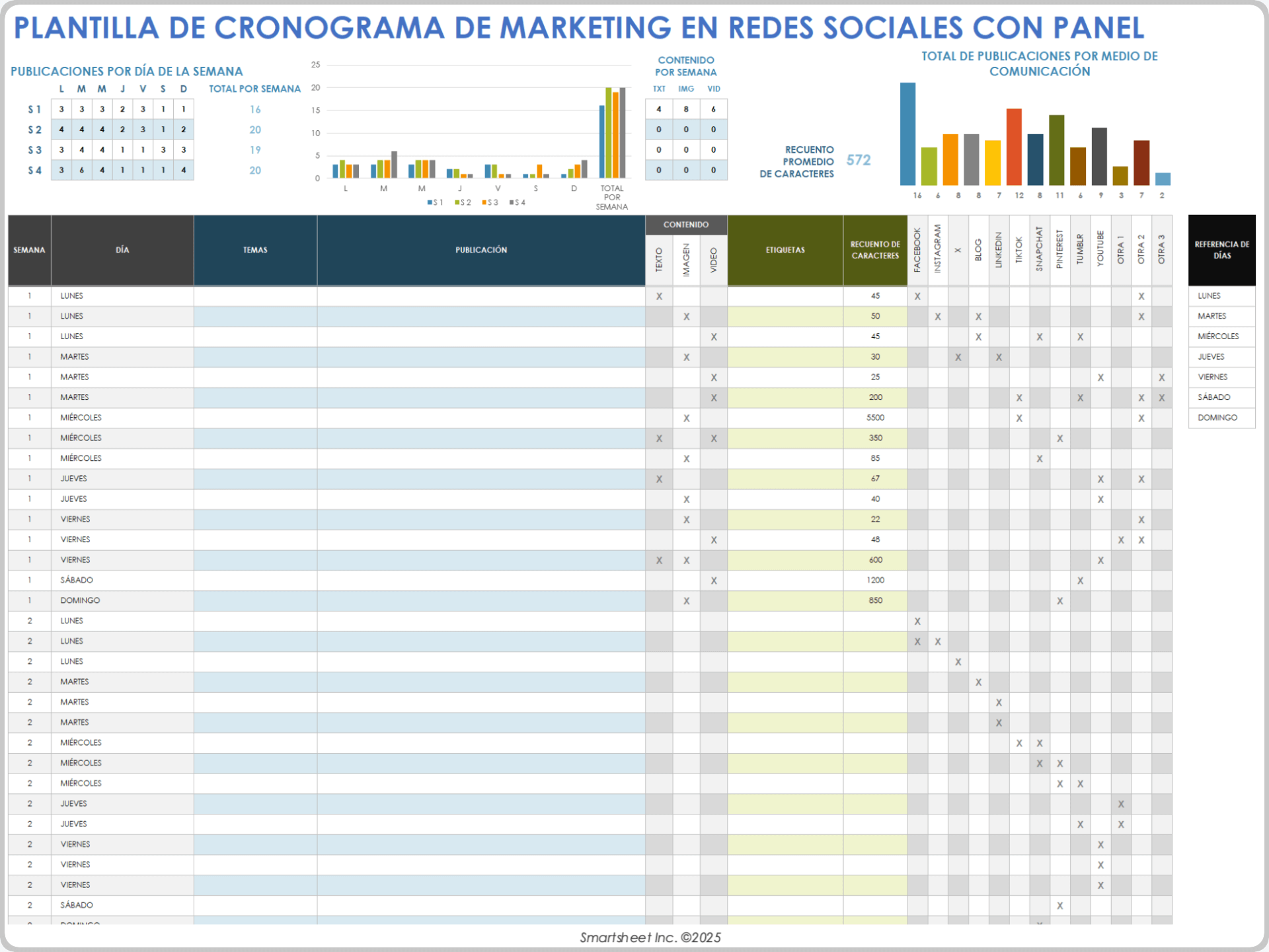 Plantilla de calendario de marketing en redes sociales con panel de control