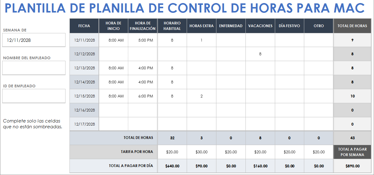 Plantilla de hoja de horas para Mac