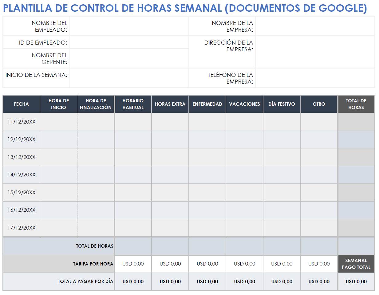 Plantilla de control de horas semanal