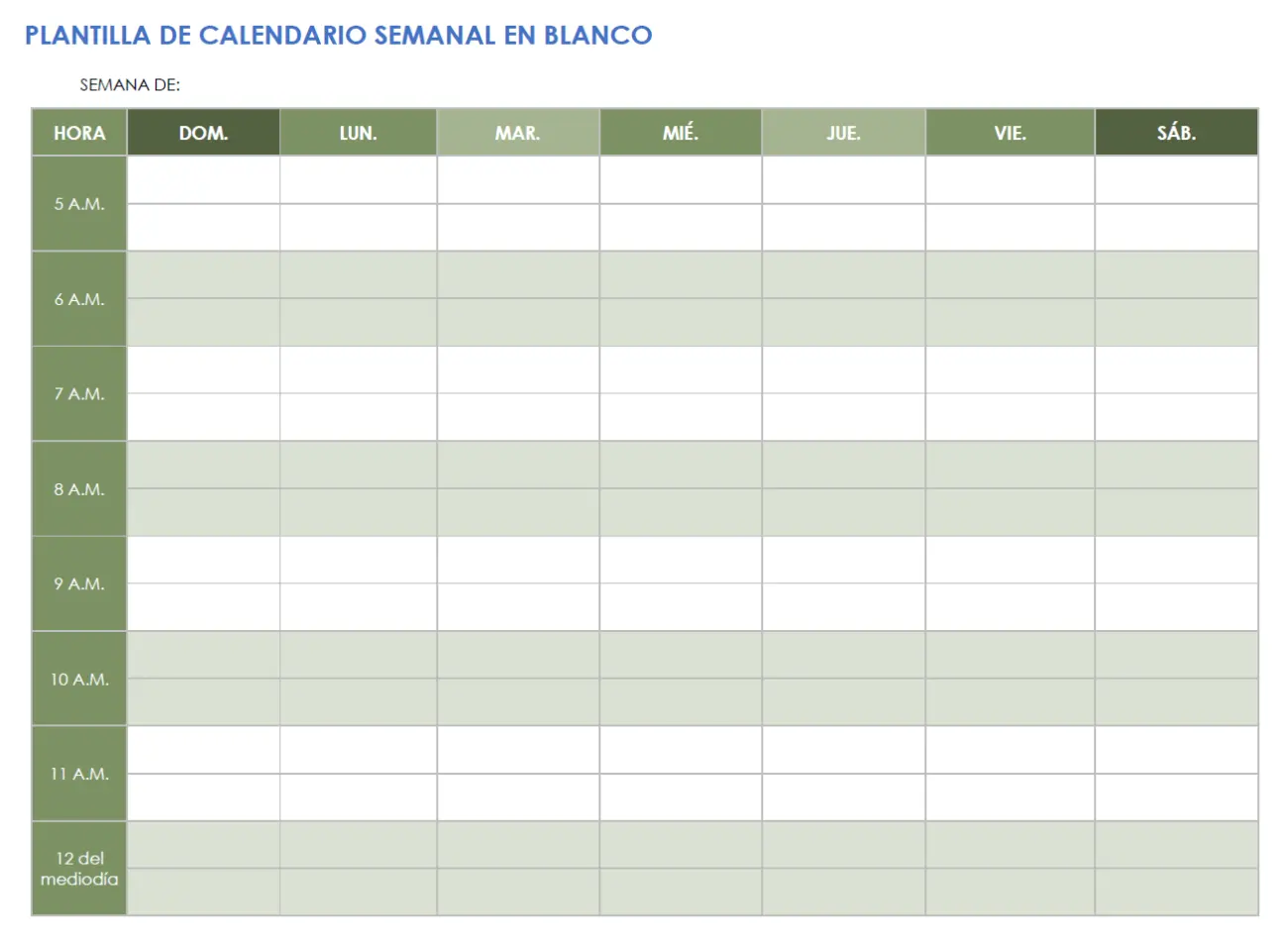 Plantilla de calendario semanal en blanco horizontal