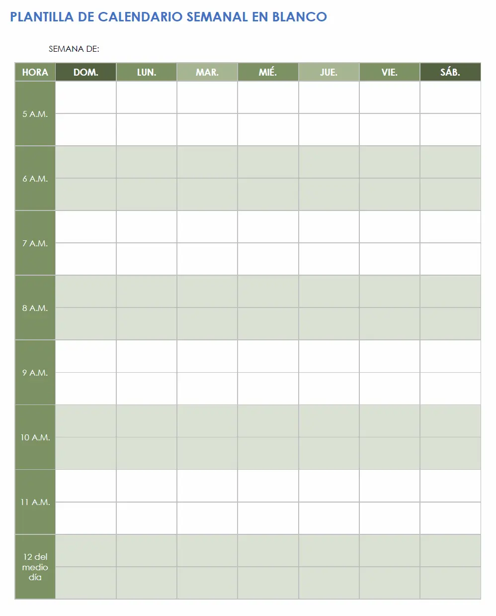 Plantilla de calendario semanal en blanco con formato vertical