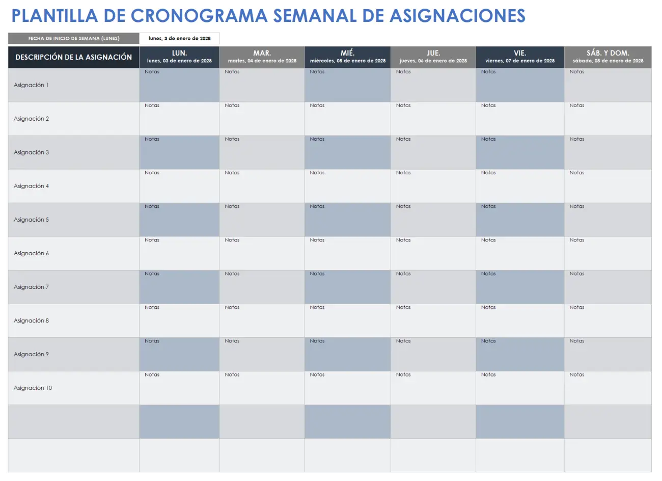 Plantilla de cronograma de tareas semanales