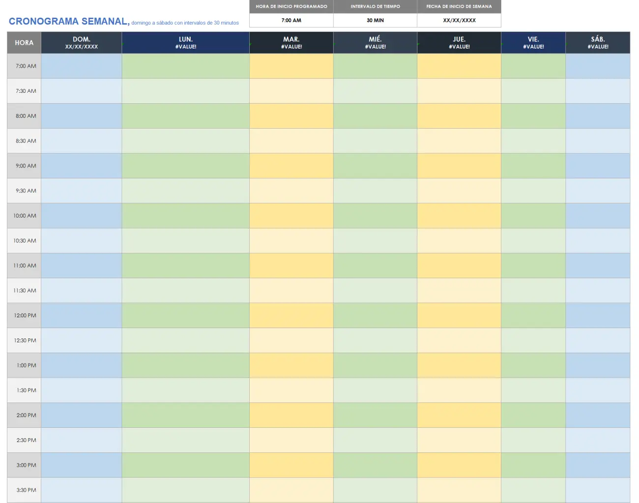 Horario semanal de domingo a sábado con intervalos de 30 minutos