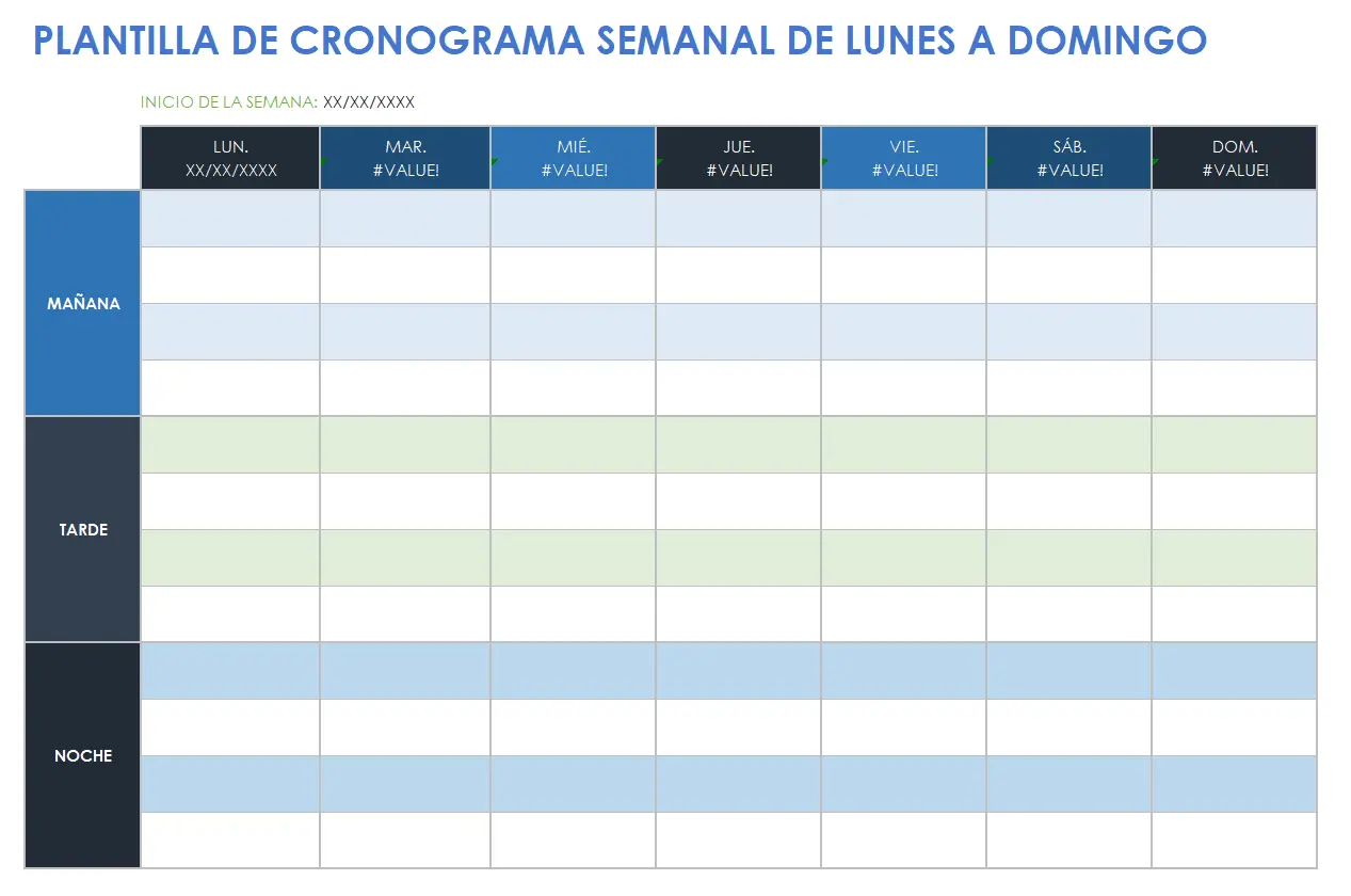 Plantilla de horario semanal de lunes a domingo