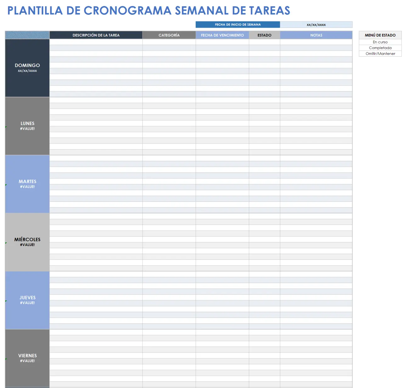 Plantilla de programación de tareas semanales