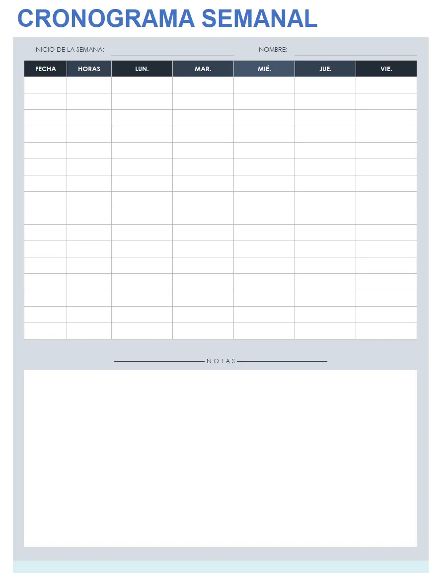 Plantilla de horario de trabajo de 5 días con notas