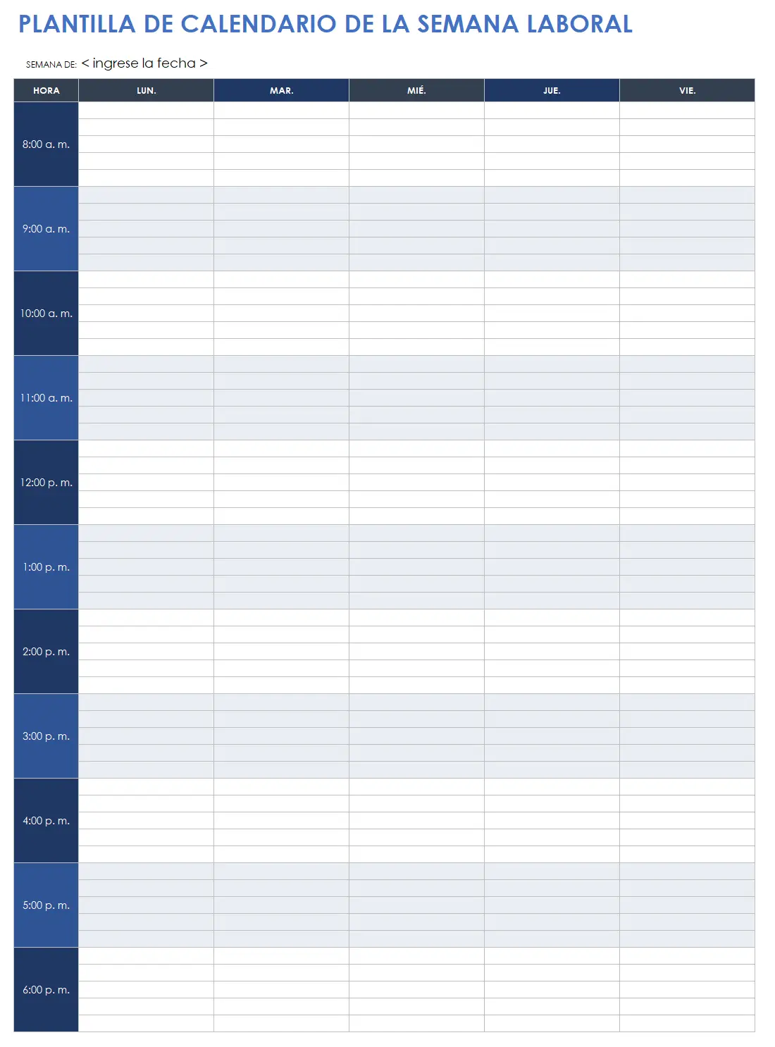 Plantilla de calendario de semana laboral