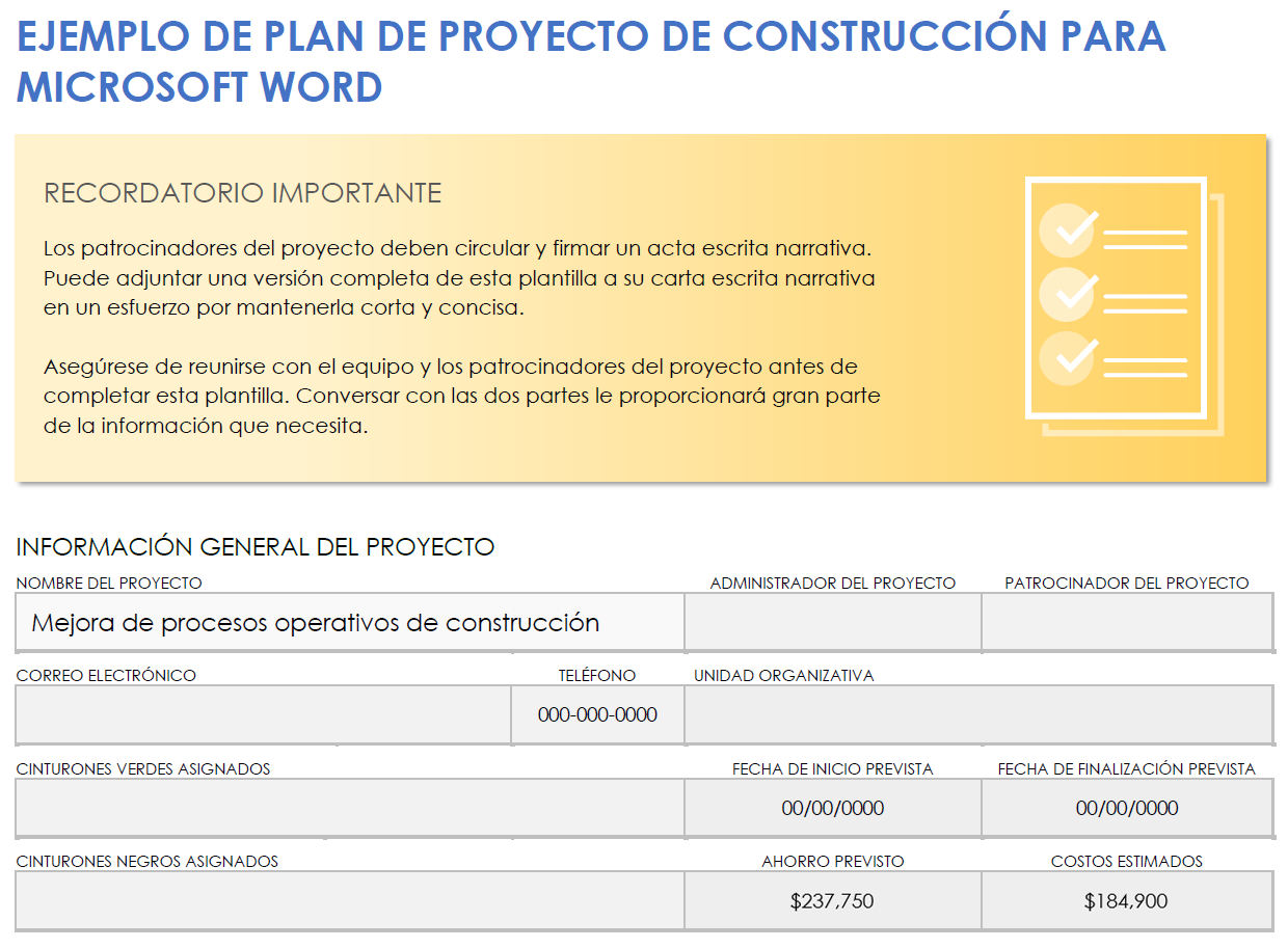 Plantilla de plan de proyecto de construcción en Microsoft Word