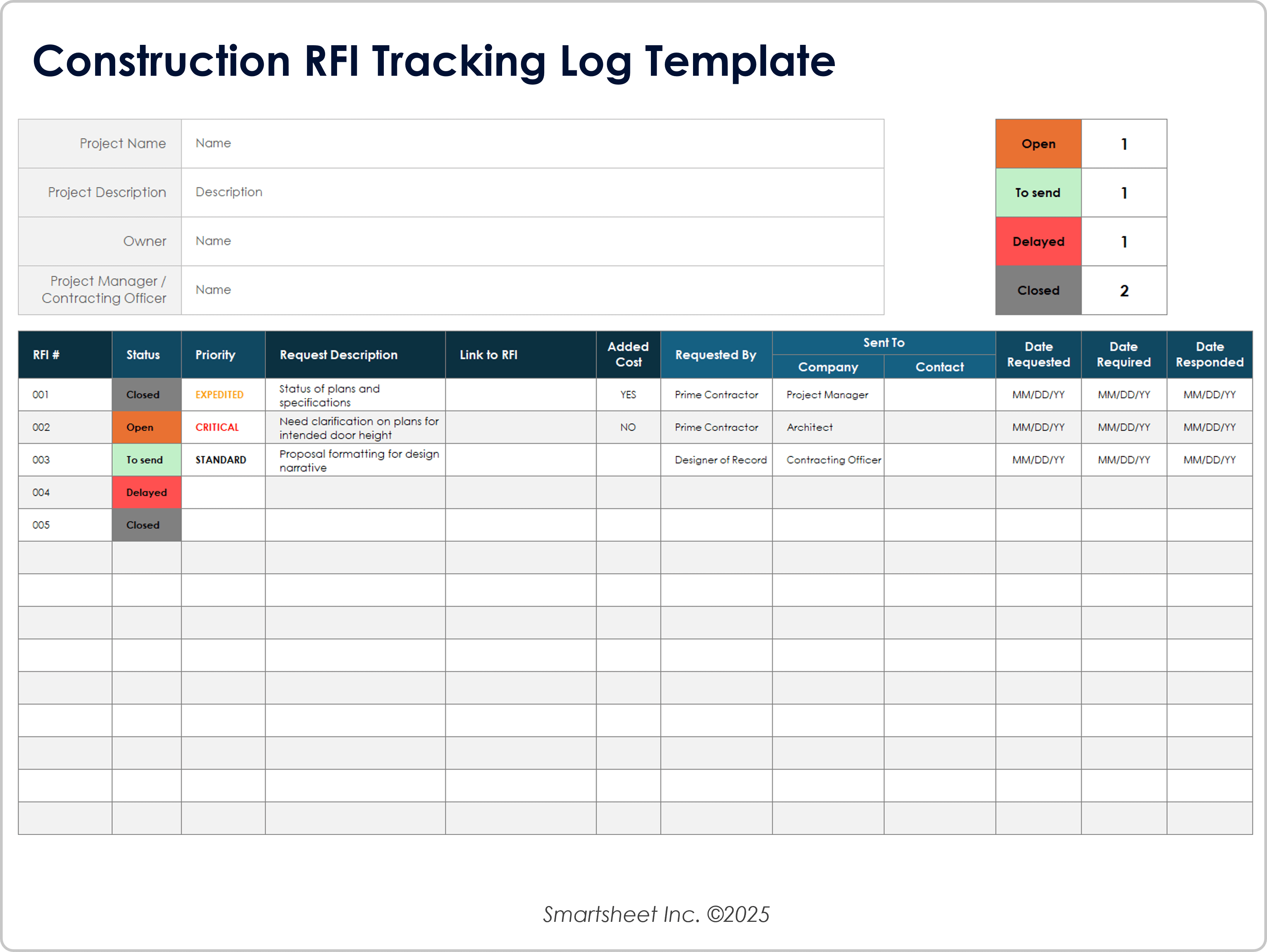 Plantilla de registro de seguimiento RFI de construcción