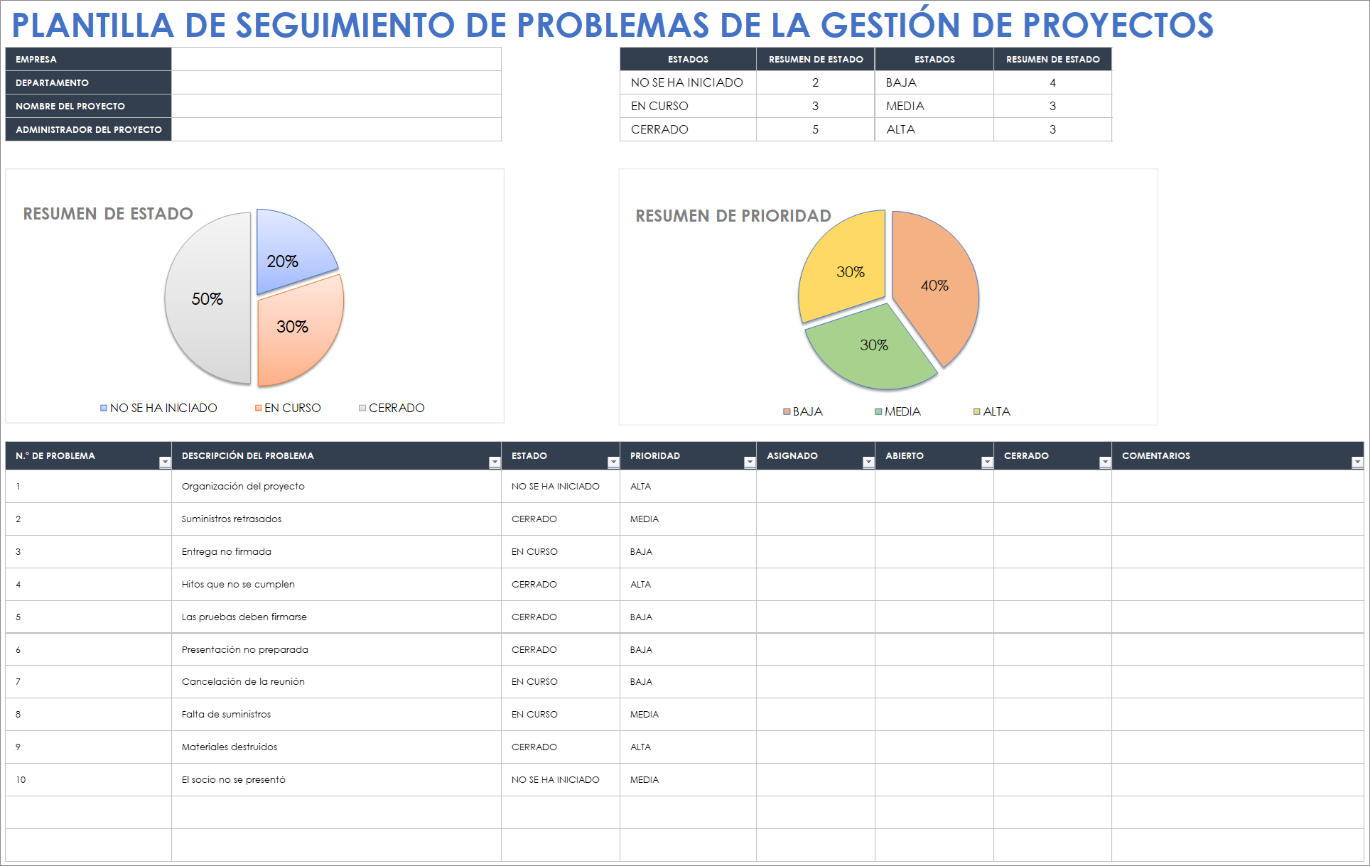 Plantilla de seguimiento de problemas de la gestión de proyectos