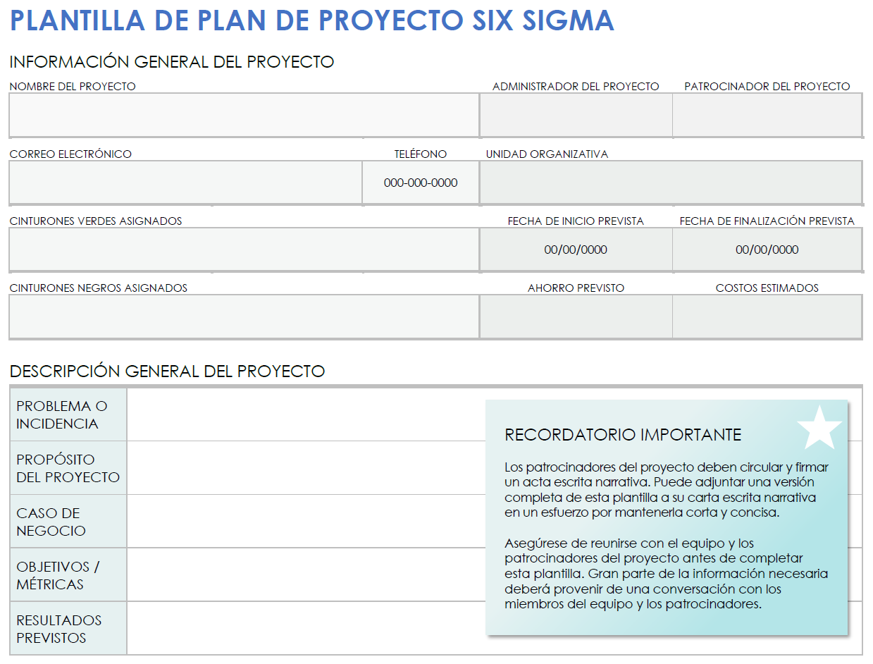 Plantilla de plan de proyecto Six Sigma para Microsoft Word