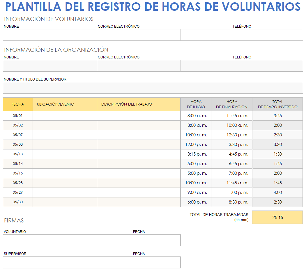 Plantilla de registro de tiempo del voluntario