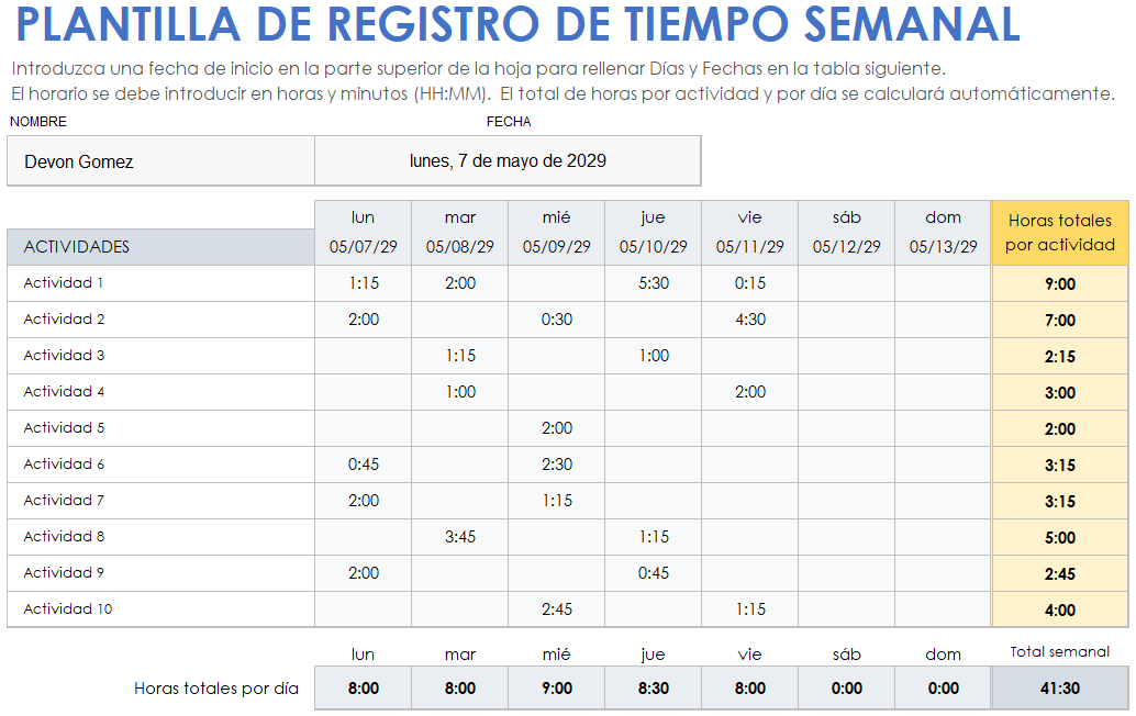 Plantilla de registro de tiempo por semana