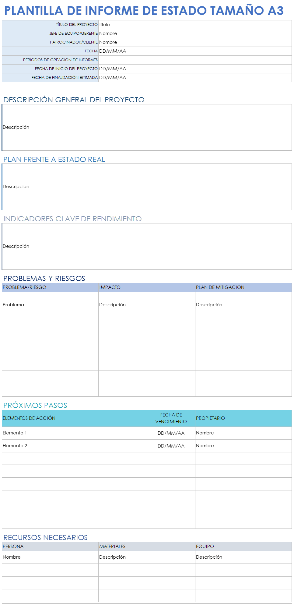 Plantilla de informe de estado tamaño A3