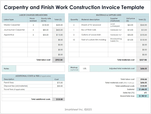 Plantilla de Factura de Construcción de Carpintería y Trabajos Finales