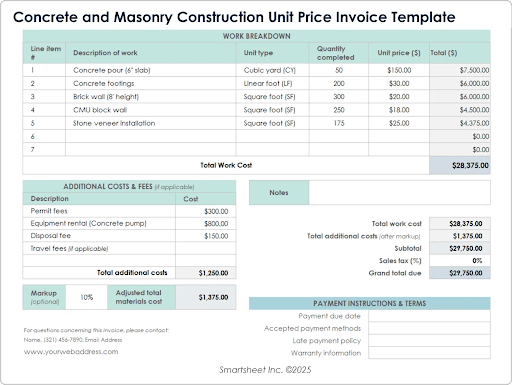 Plantilla de Factura de Precio Unitario para Construcción de Concreto y Mampostería