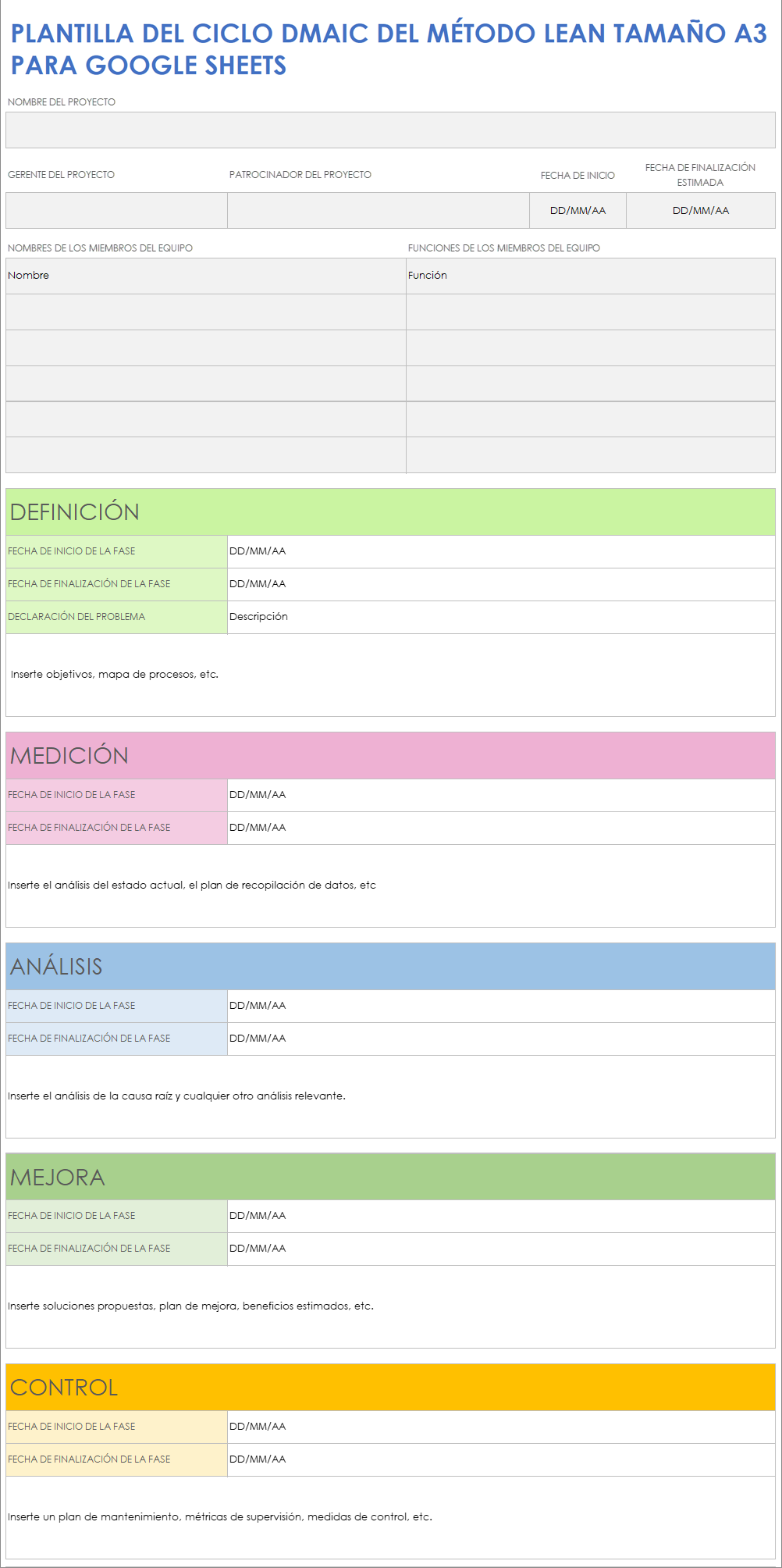 Plantilla del ciclo DMAIC del método Lean tamaño A3 para Google Sheets