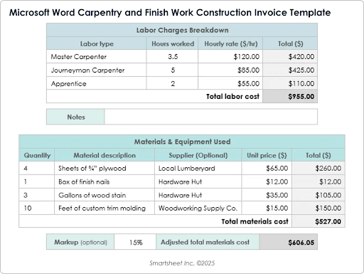Plantilla de Factura de Construcción de Carpintería y Trabajos de Acabado de Microsoft Word