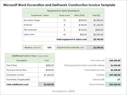 Microsoft Word Excavación y movimiento de tierras Plantilla de factura de construcción