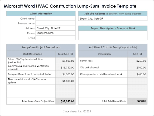 Plantilla de factura de suma global de construcción HVAC de Microsoft Word