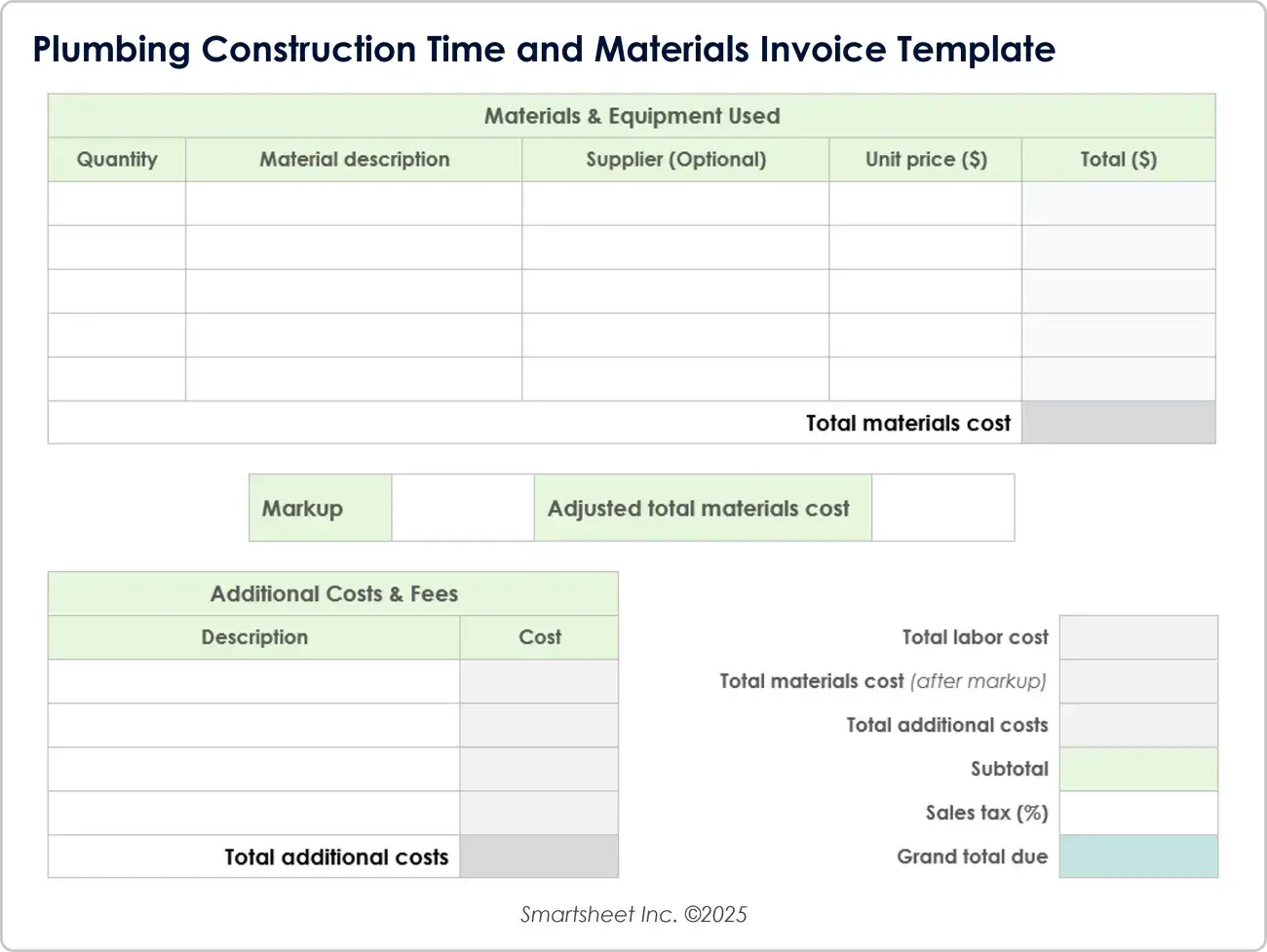 Plantilla de factura de materiales y tiempo de construcción de fontanería