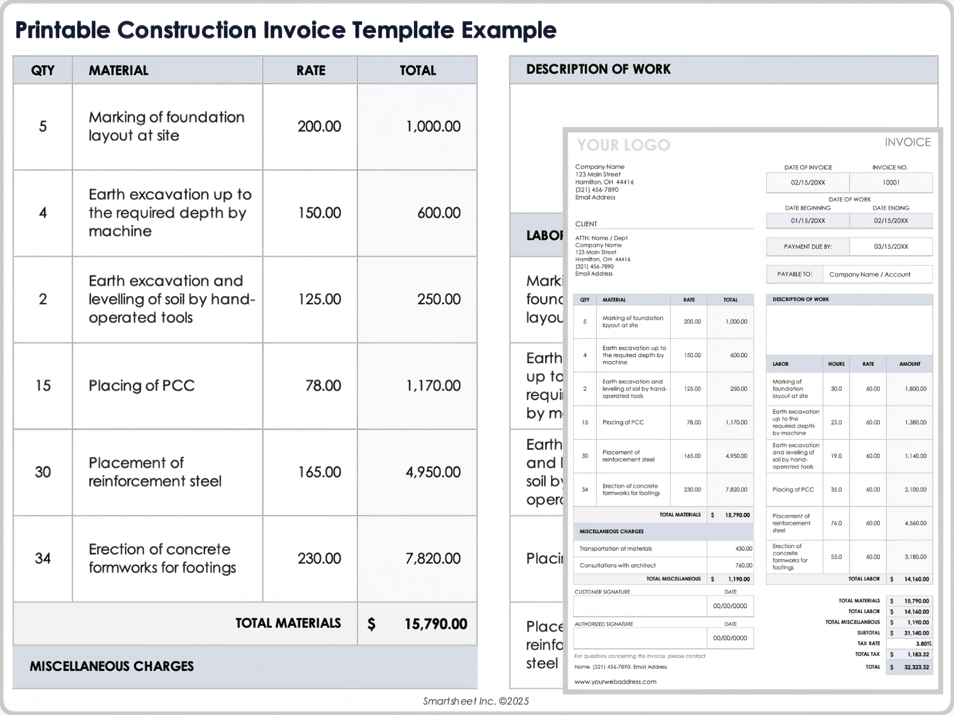 Ejemplo de Plantilla de Factura de Construcción para Imprimir