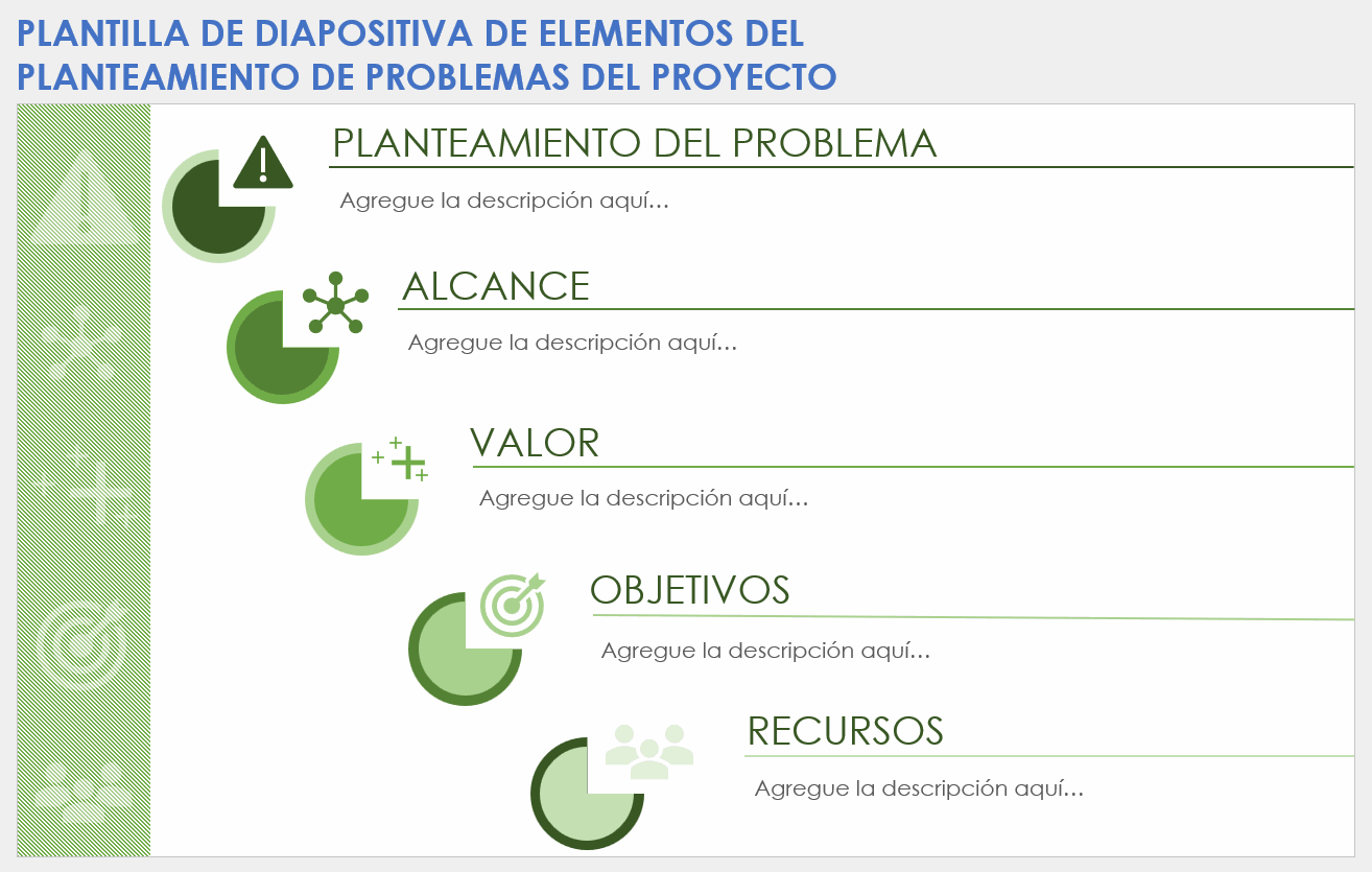 Plantilla de diapositiva de elementos de declaración de problemas del proyecto