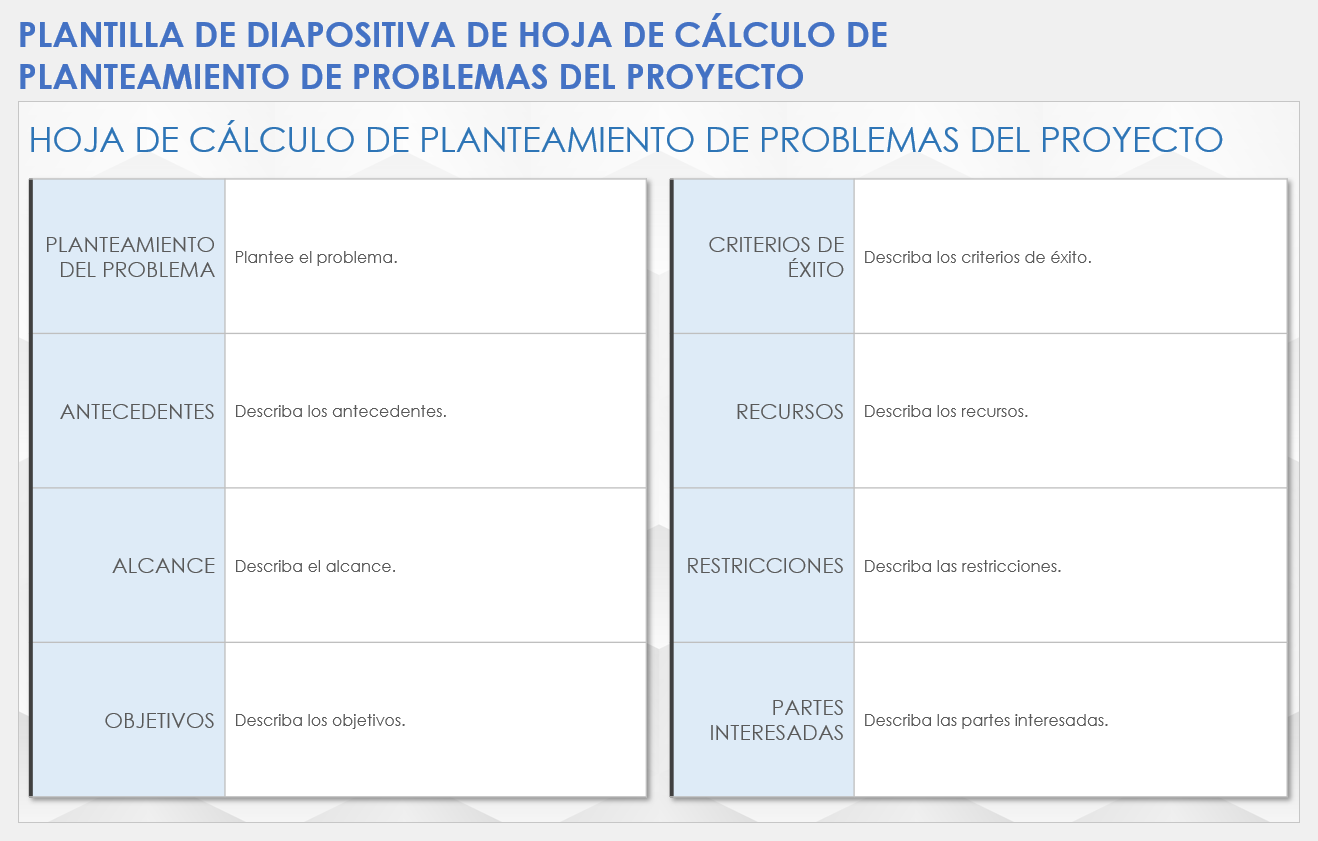 Plantilla de diapositiva de hoja de cálculo de declaración de problemas del proyecto