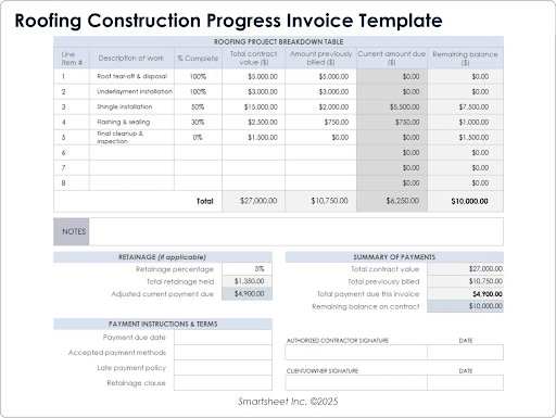Plantilla de factura de progreso de construcción de techos