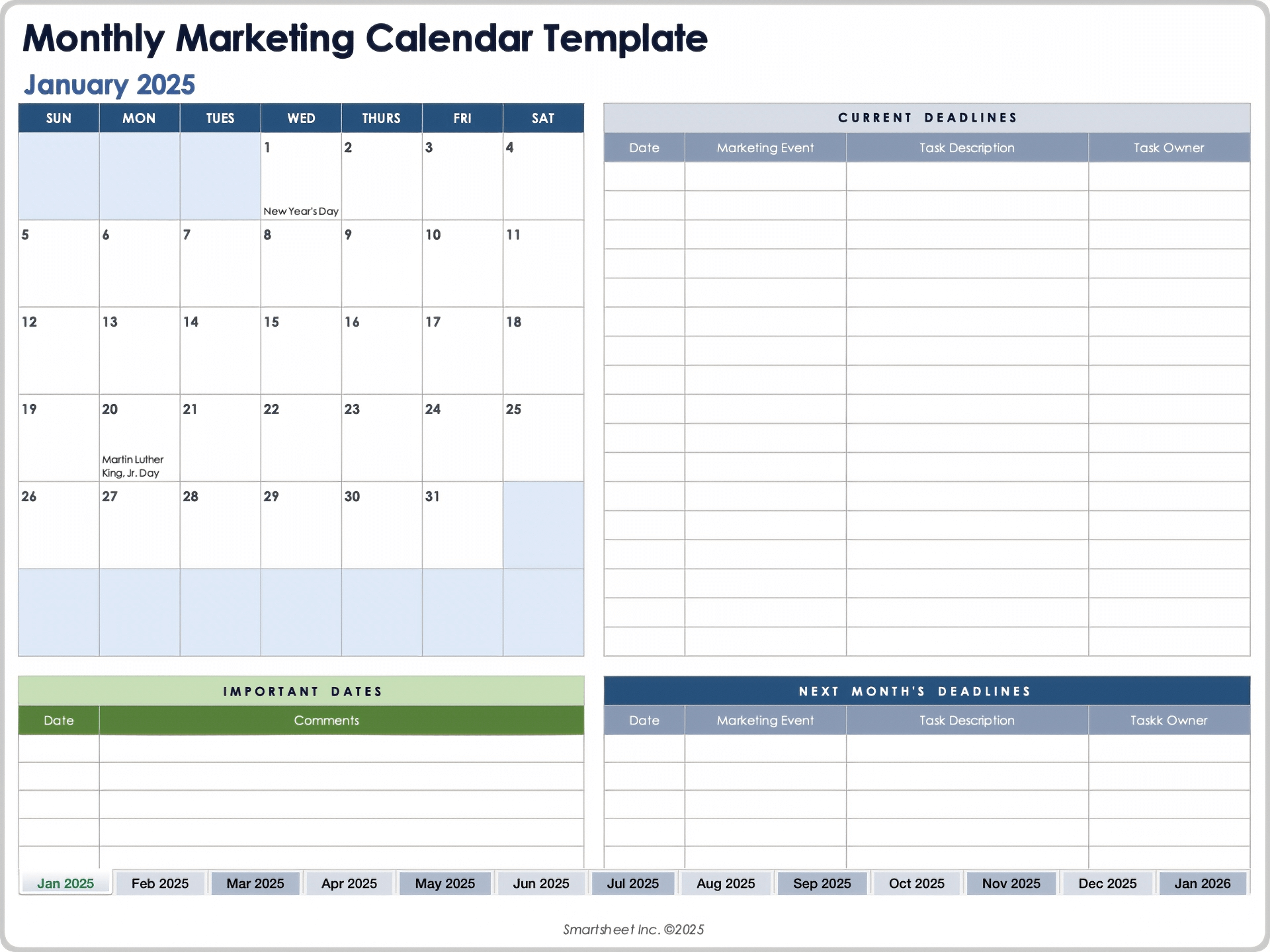 Plantilla de calendario mensual de marketing 2025