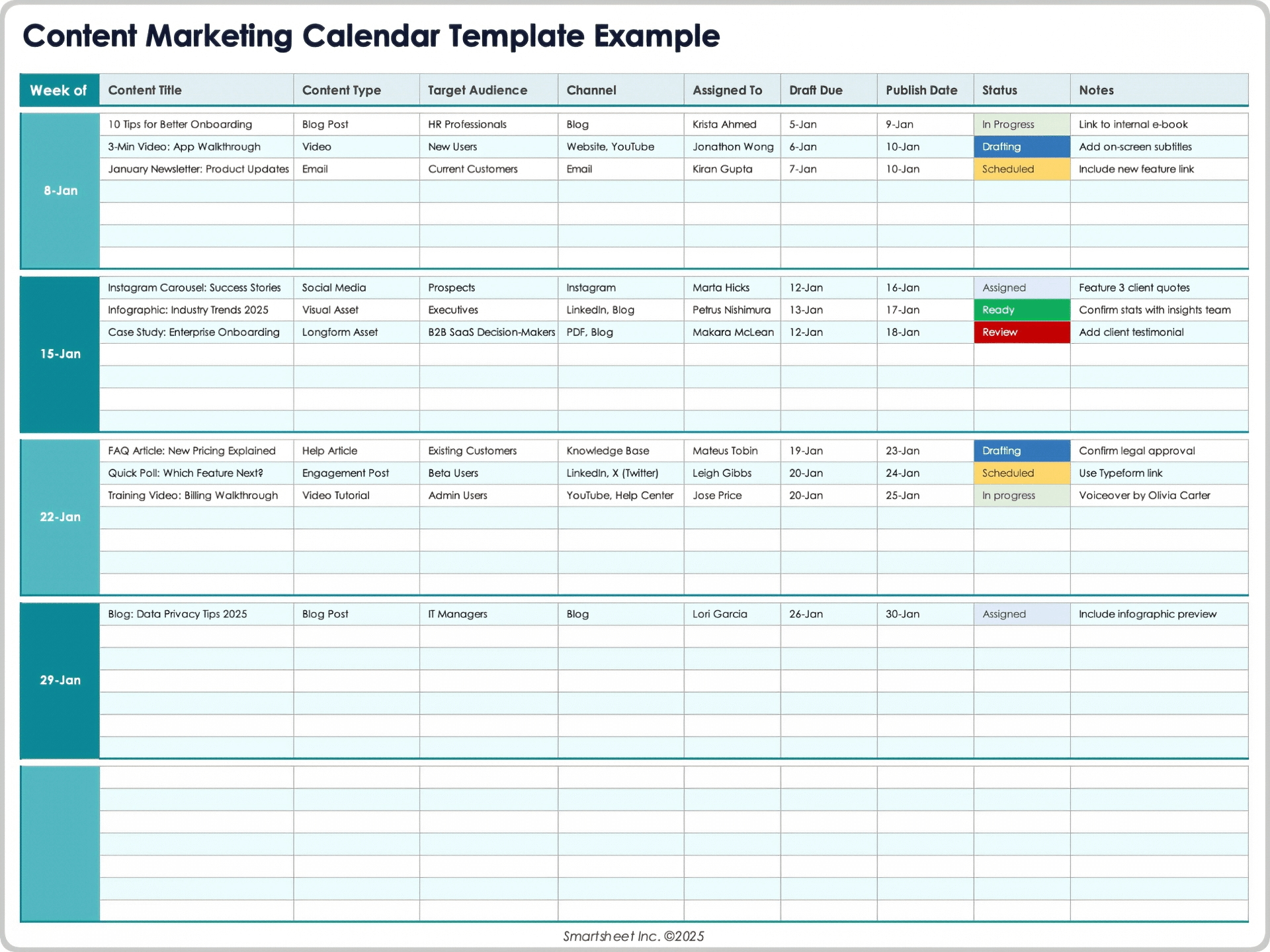 Ejemplo de plantilla de calendario de marketing de contenidos