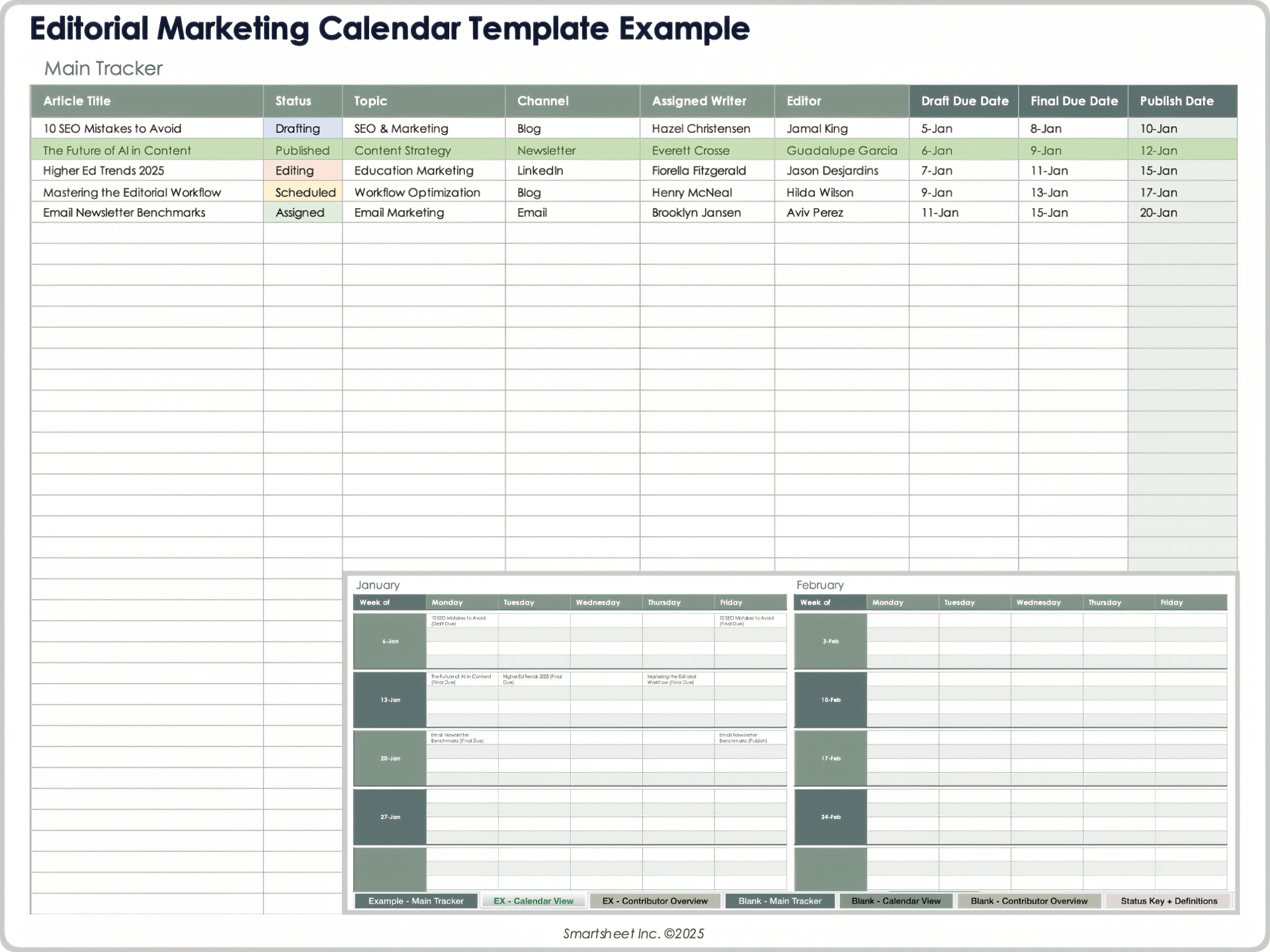 Ejemplo de plantilla de calendario de marketing editorial