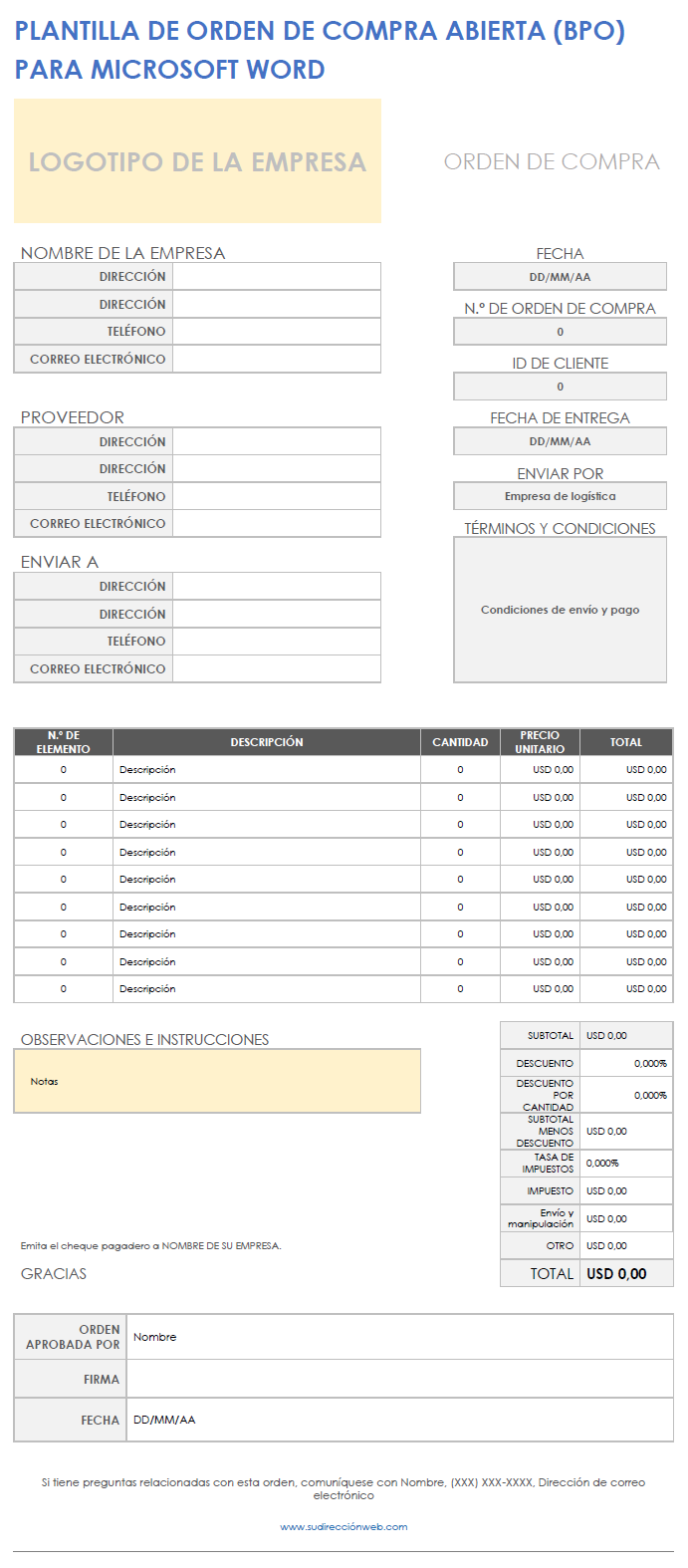 Plantilla de orden de compra abierta (BPO) de Microsoft Word