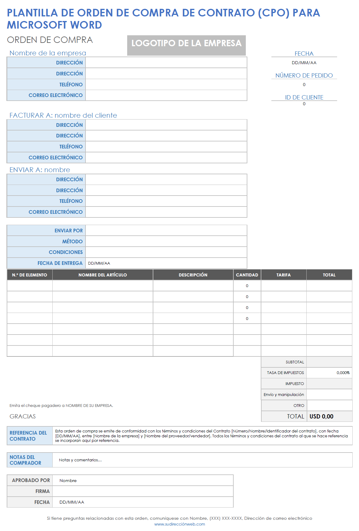Plantilla de orden de compra de contrato (CPO) de Microsoft Word