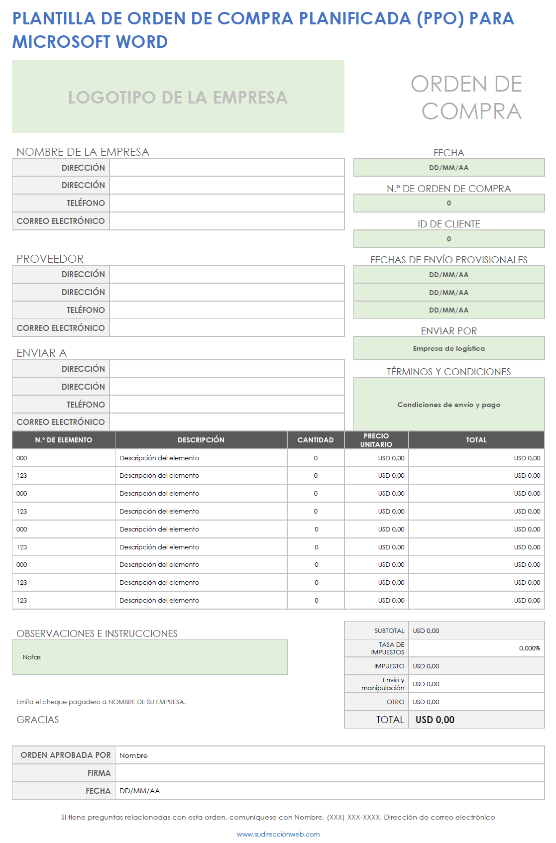 Plantilla de orden de compra planificada (PPO) de Microsoft Word
