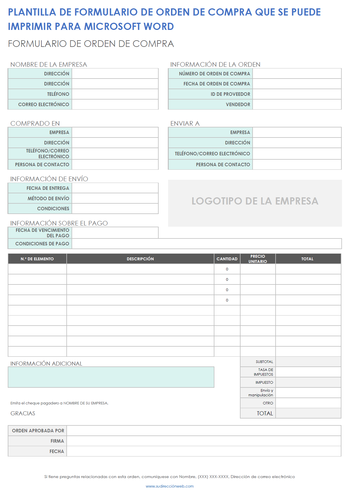 Plantilla de formulario de orden de compra que se puede imprimir de Microsoft Word