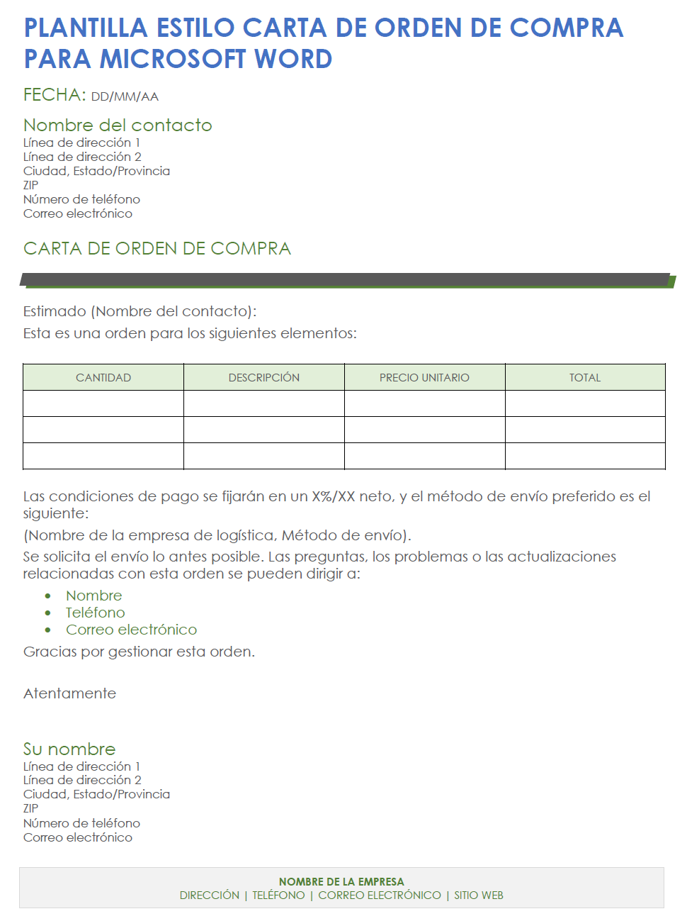 Plantilla estilo carta de orden de compra de Microsoft Word
