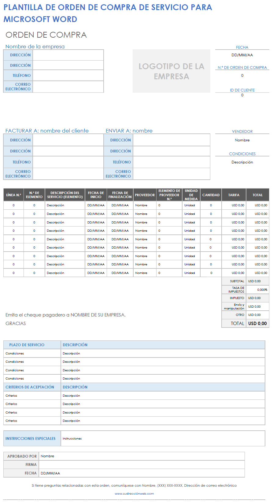 Plantilla de orden de compra de servicio de Microsoft Word