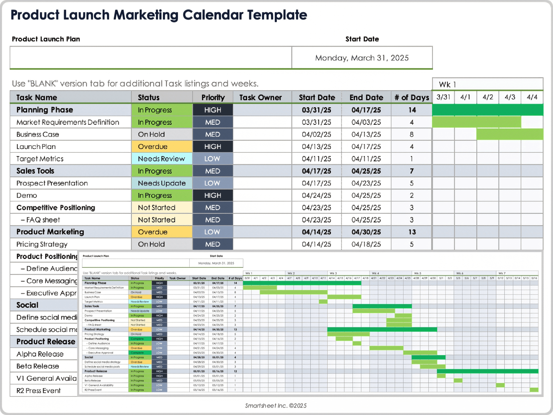 Plantilla de calendario de marketing de lanzamiento de productos