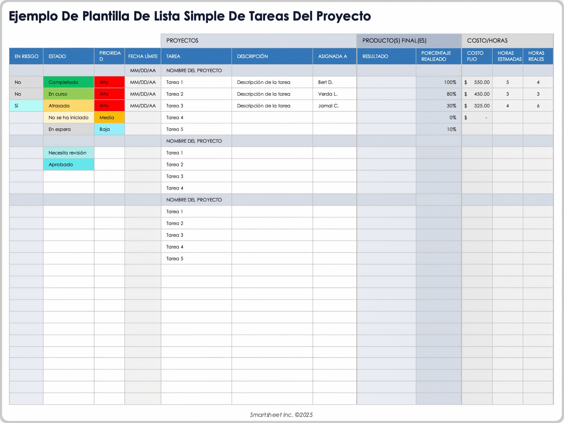 EJEMPLO DE PLANTILLA DE LISTA SIMPLE DE TAREAS DEL PROYECTO