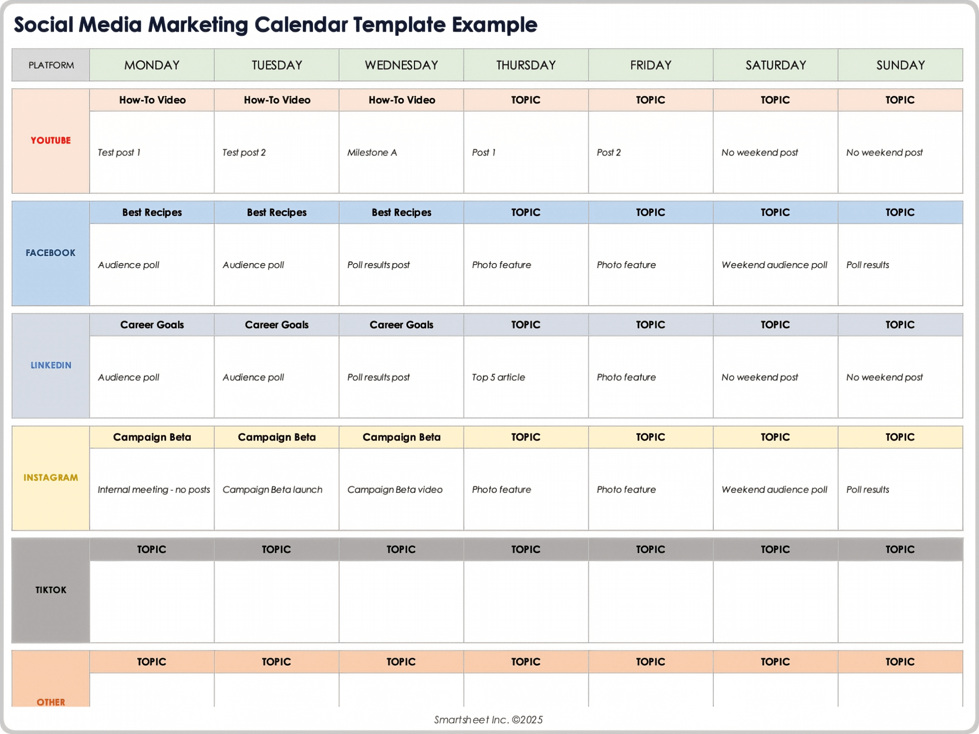 Plantilla de calendario de marketing en redes sociales Ejemplo